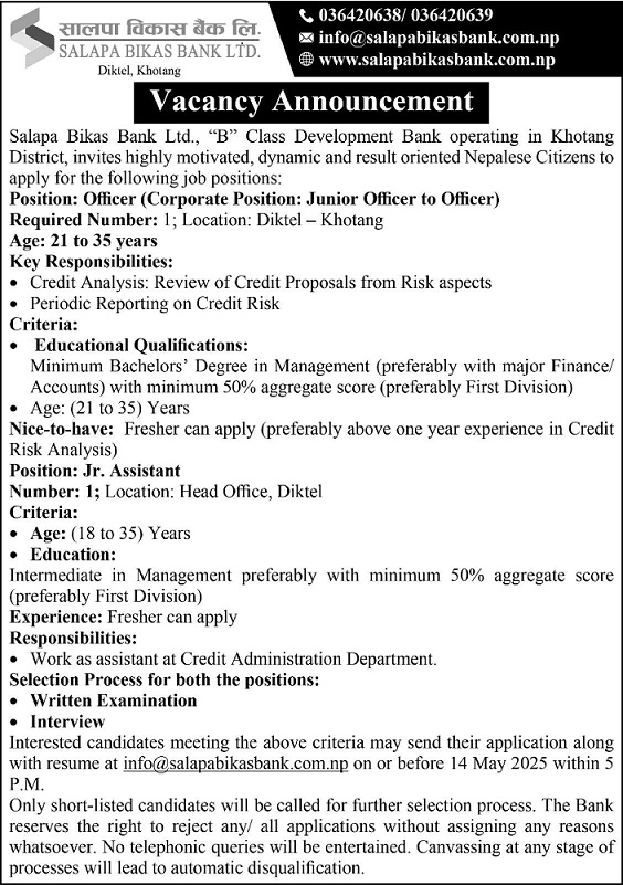 Officer and Jr. Assistant at Salapa Bikas Bank Ltd.