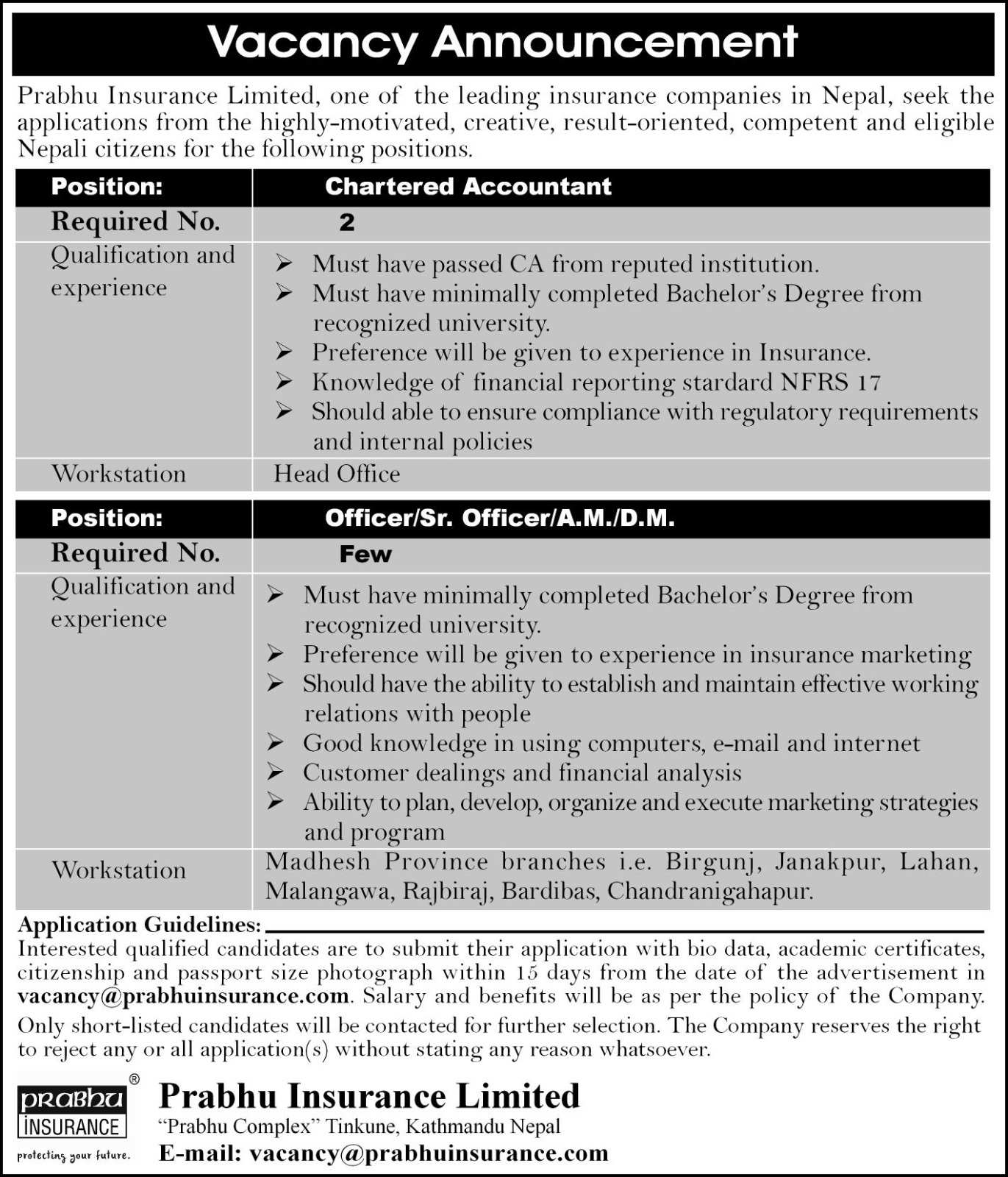 Officer/Sr. Officer/A.M./D.M. Vacancy at Prabhu Insurance Limited