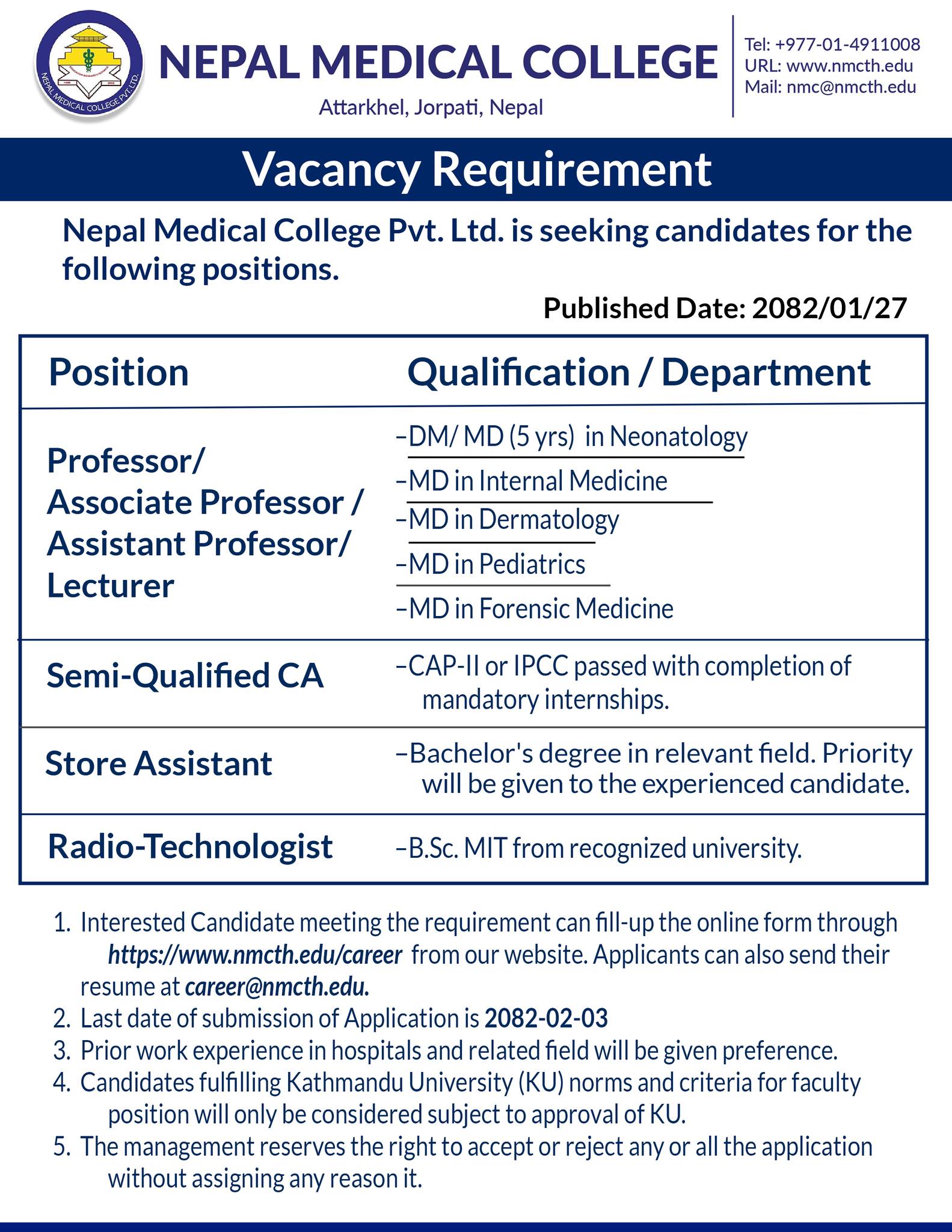 Semi-Qualified CA Vacancy at Nepal Medical College